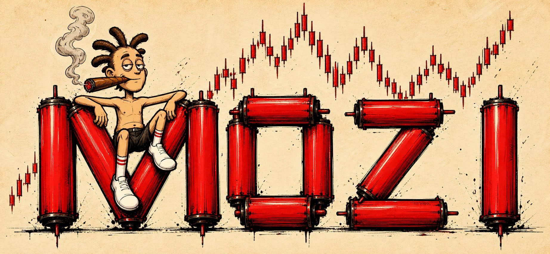 MOZI mascot and red candle wordmark